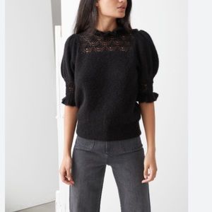 & Other Stories Ruffled and crochet puff sleeve alpaca blend top, small, black
